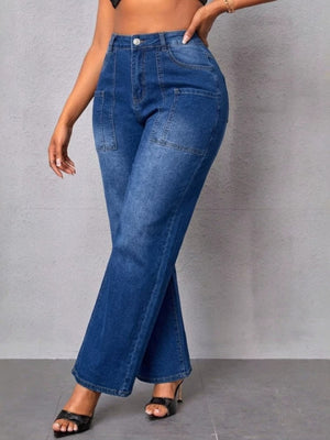 Pocketed High-Waisted Wide Leg Jeans in indigo blue with pocketed