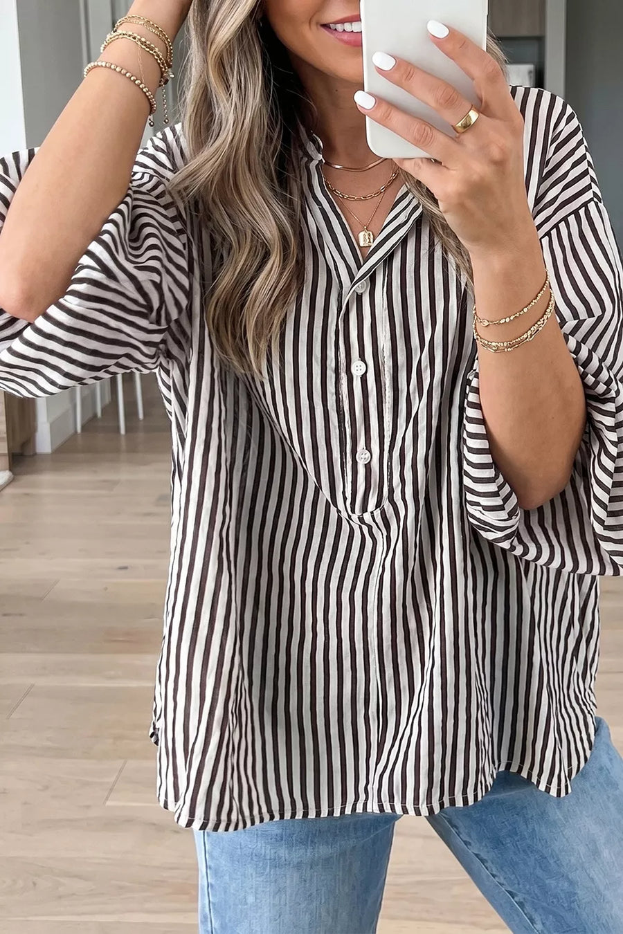 Black with Striped Half Sleeve Button-up Shirt