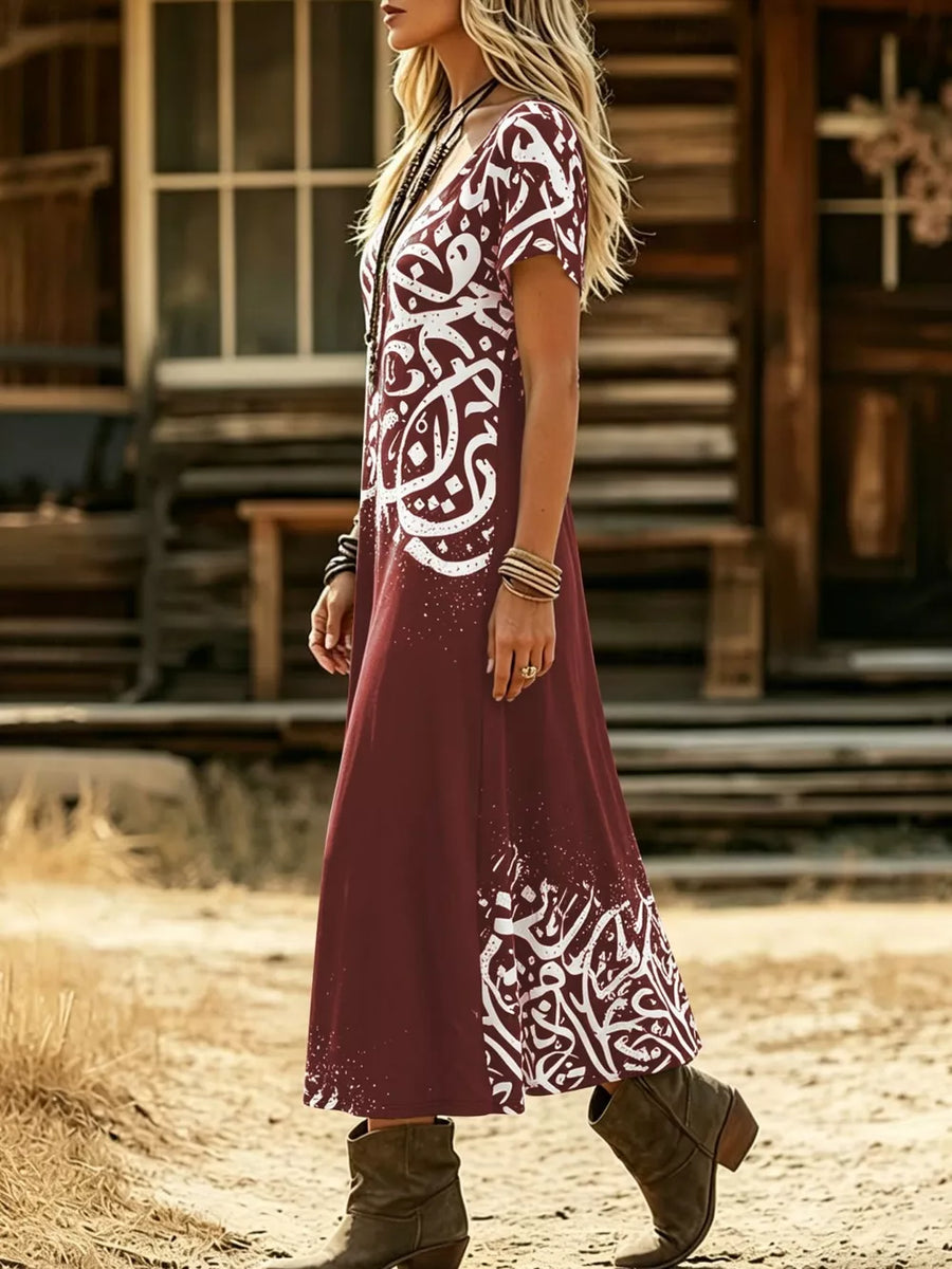 artsy midi dress in navy blue with v-neck