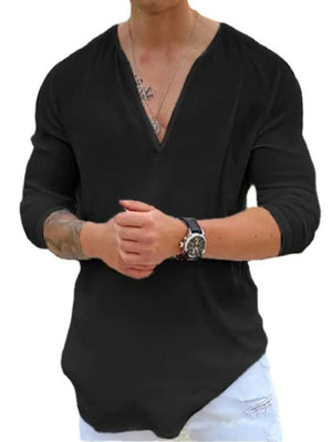 Black linen relaxed fit top with deep V-neck and long sleeves