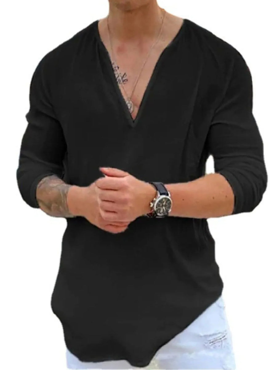 Black linen relaxed fit top with deep V-neck and long sleeves