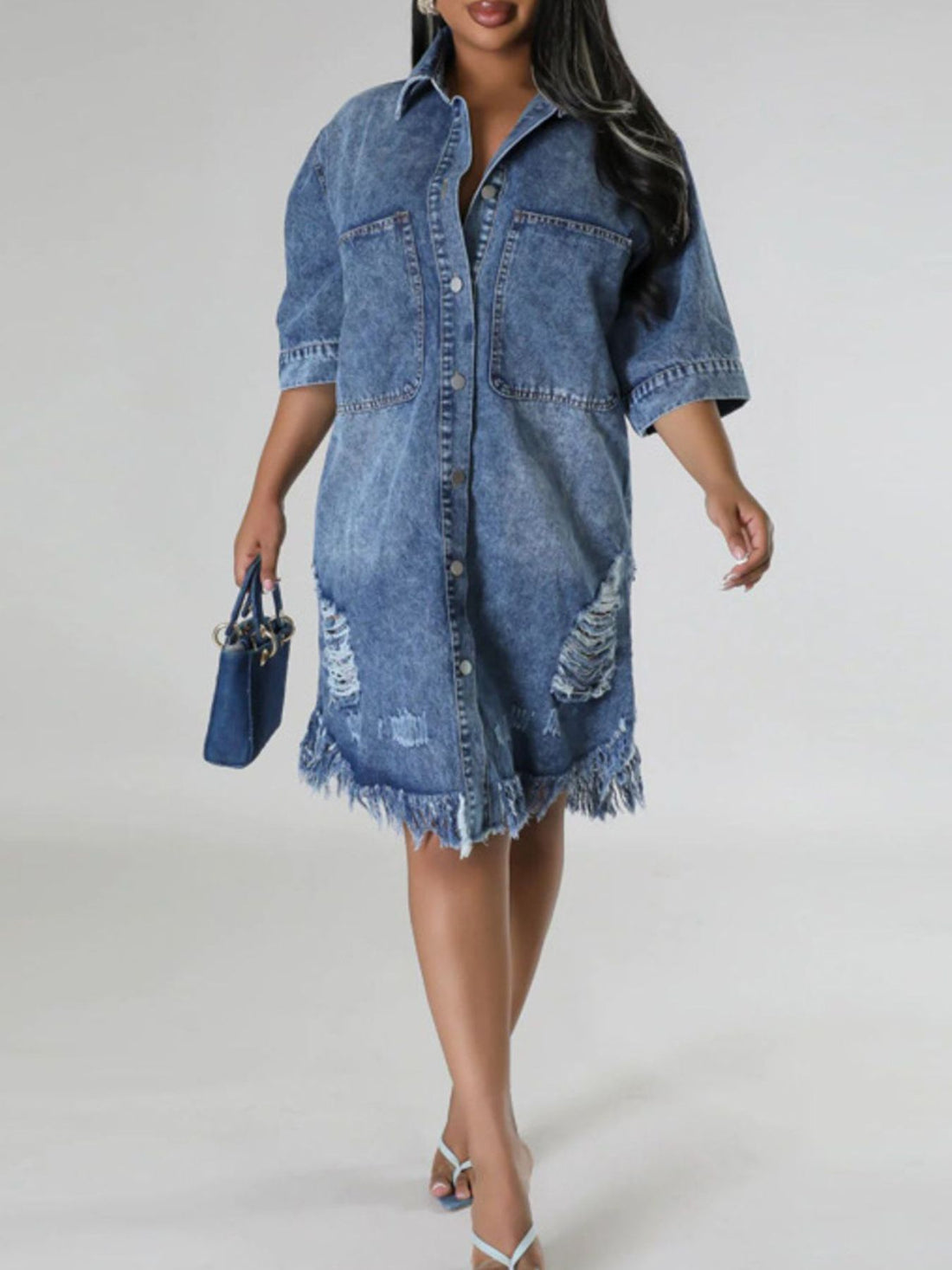 95% cotton, 5% spandex Care instructions: Machine wash cold shirt dress in Dusty Blue with relaxed silhouette