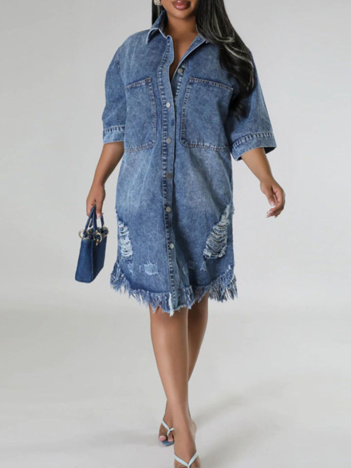 95% cotton, 5% spandex Care instructions: Machine wash cold shirt dress in Dusty Blue with relaxed silhouette