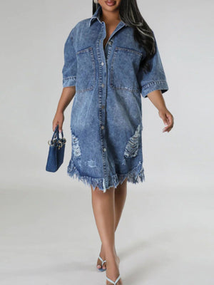 95% cotton, 5% spandex Care instructions: Machine wash cold shirt dress in Dusty Blue with relaxed silhouette