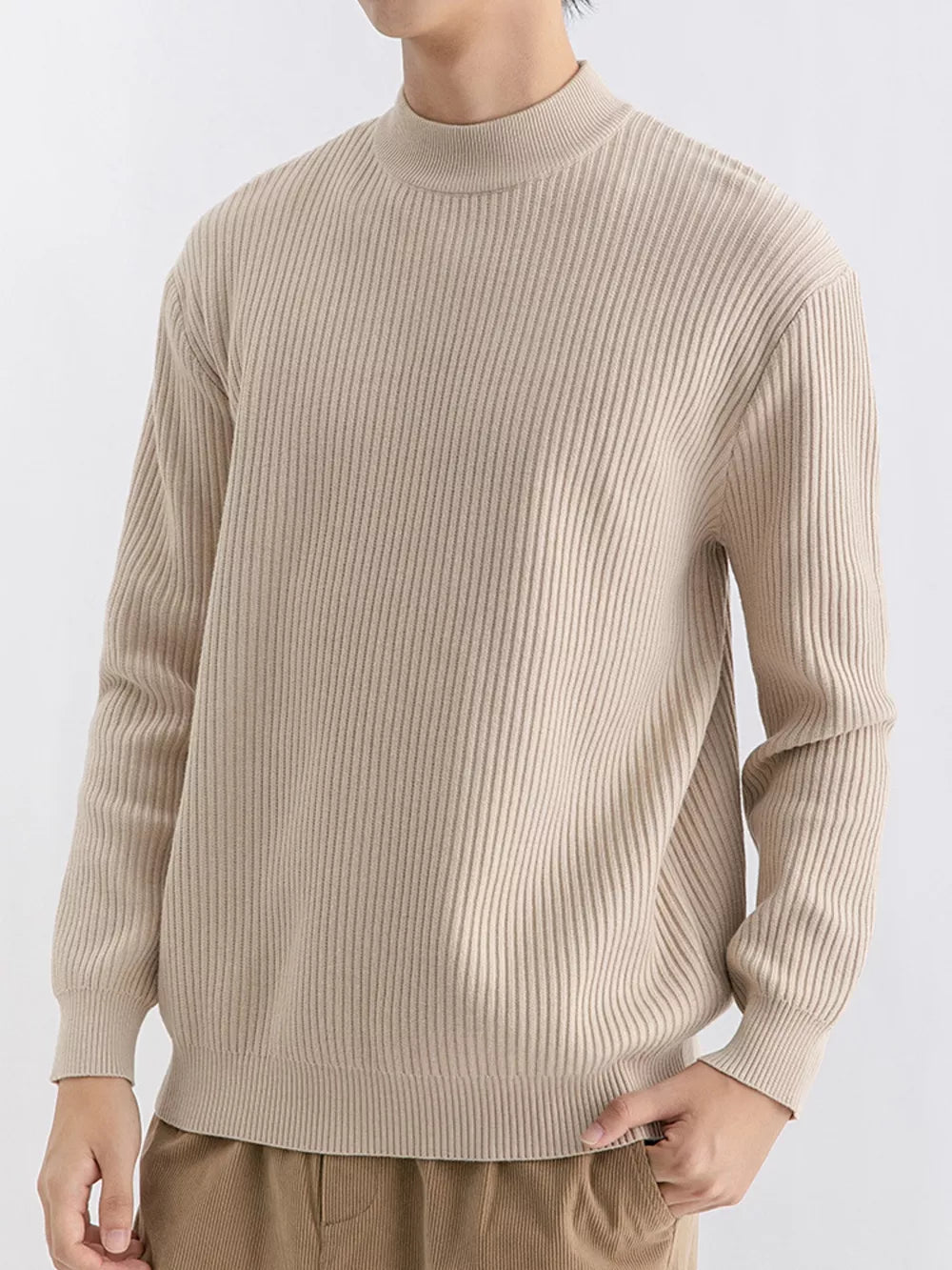 Apricot mock neck sweater featuring ribbed and ribbed