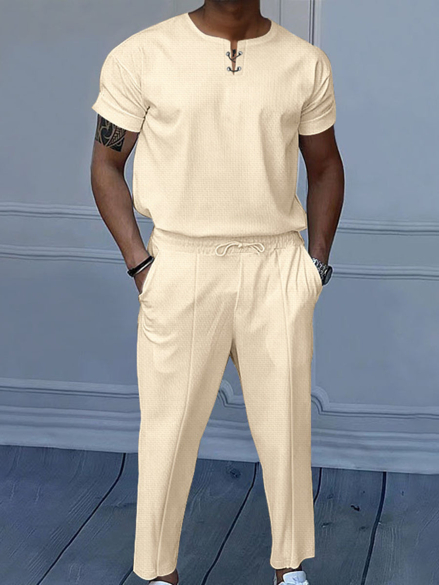 Khaki Color Men's Casual Short-sleeve Lounge Set Plus Size