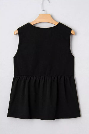 Black sleeveless peplum top with textured fabric and round neckline