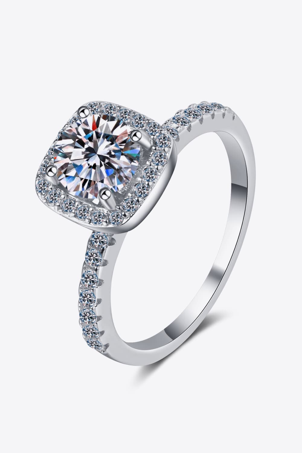 Radiant square cut halo ring in silver, 925 sterling silver, with a large center stone and pave band.