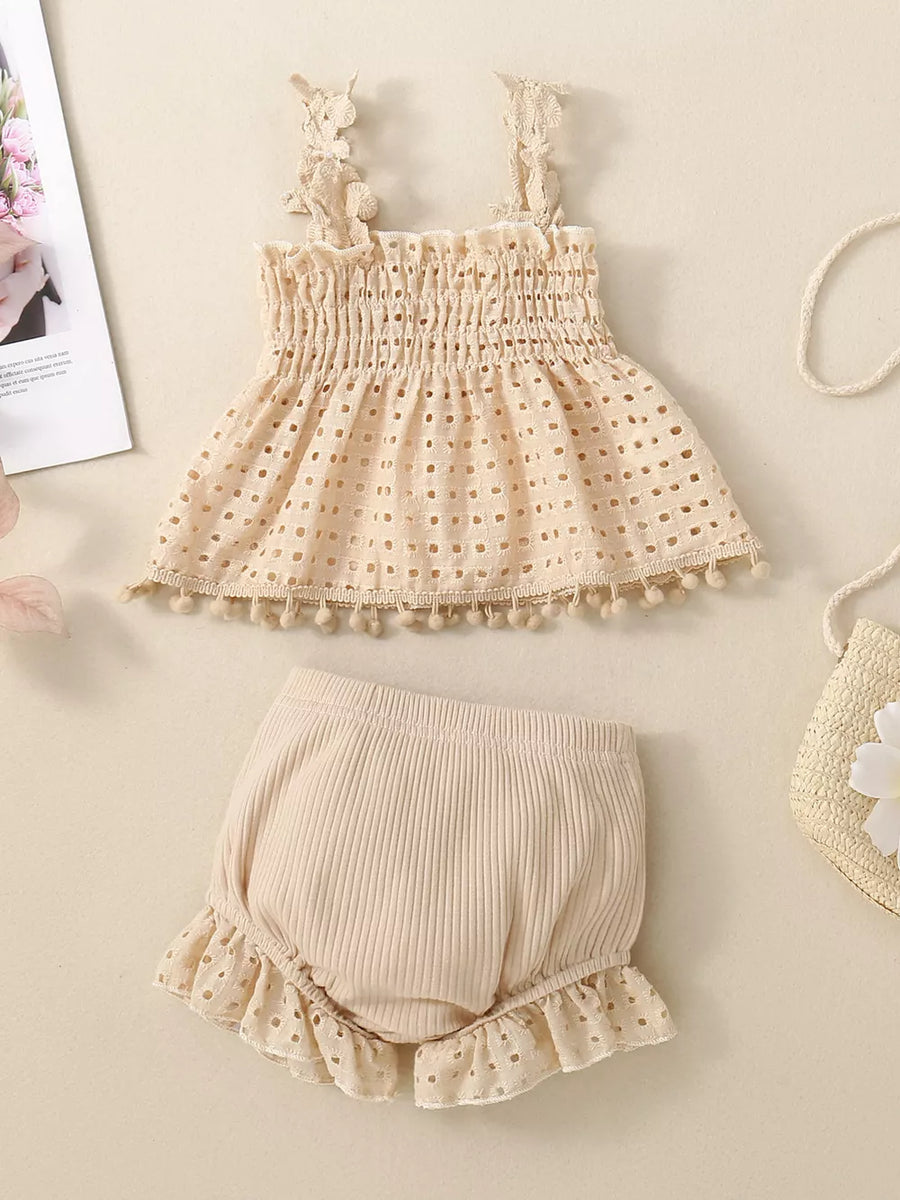 Apricot eyelet tank with smocked bodice and ruffled bloomers set.