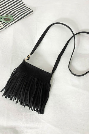 Black suede crossbody bag with fringe detail and adjustable strap