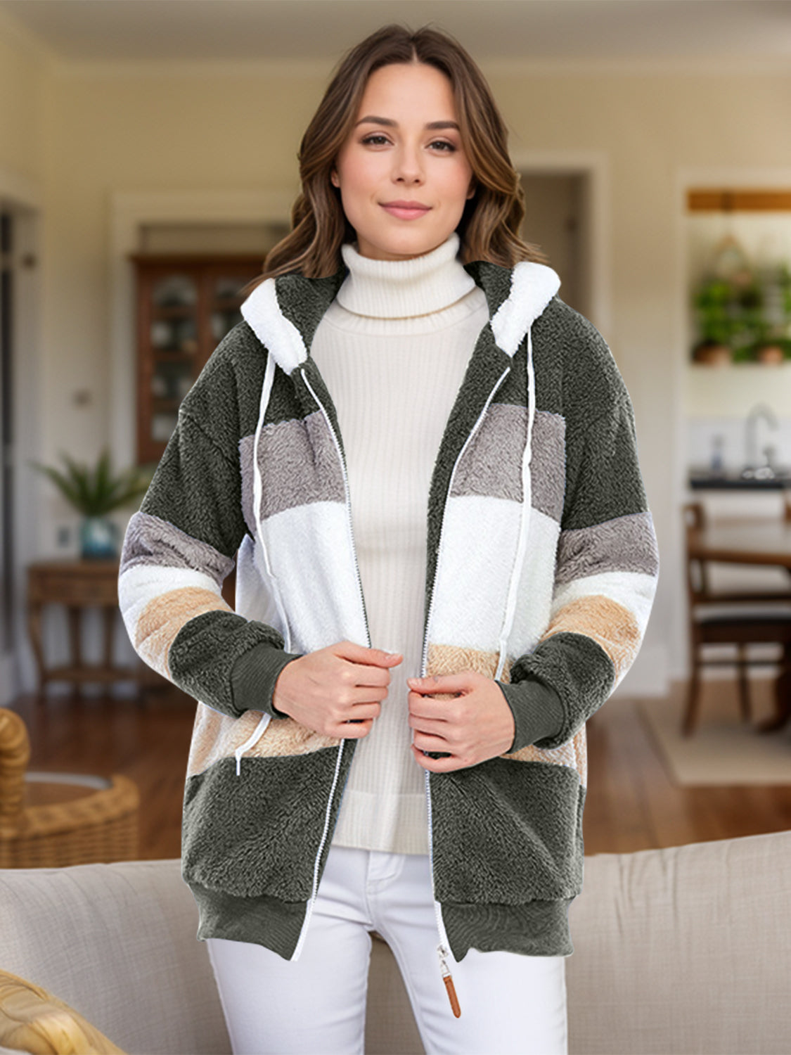 Teddy fleece zip-up hoodie in Army Green with colorblock pattern, white drawstring hood and zip.