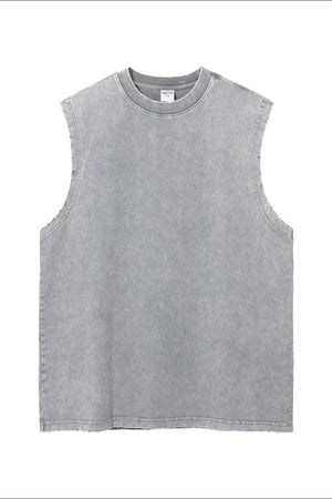 Gray acid wash muscle tank top with raw edges and crew neck.