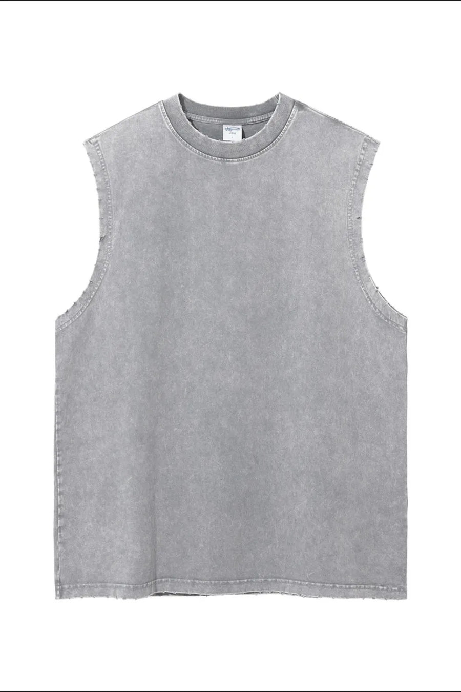 Gray acid wash muscle tank top with raw edges and crew neck.