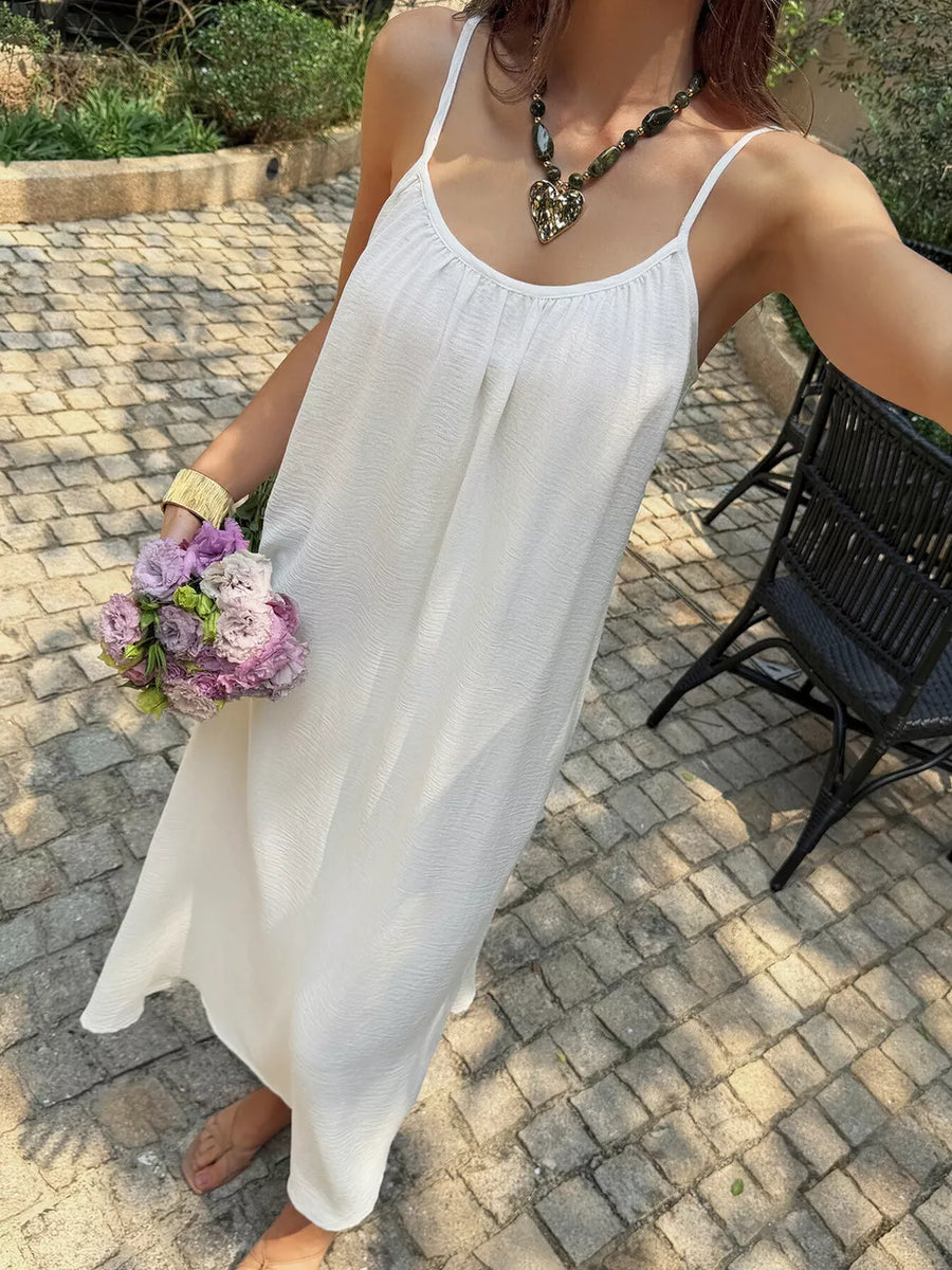 Flowy Spaghetti Strap Midi Dress in White
