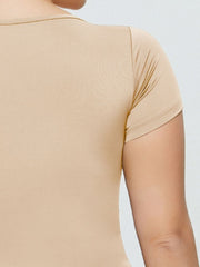 Tan short sleeve bodysuit with a square neckline, made of soft fabric.