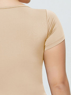 Tan short sleeve bodysuit with a square neckline, made of soft fabric.