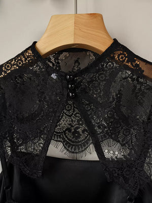 Satin Mini Dress With Lace Detachable Cape in black