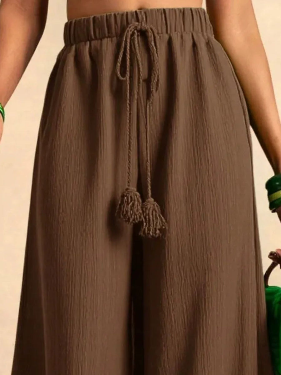 Mustard wide-leg pants with full-length and drawstring