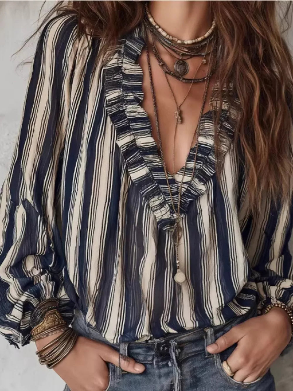 navy blue blouse with striped and v-neck
