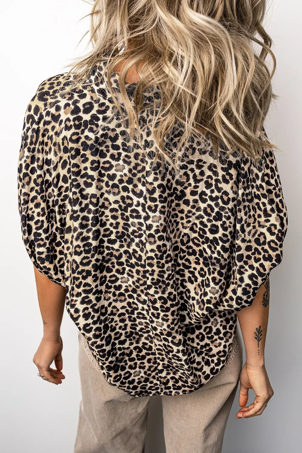 Taupe with Leopard Contrast Trim V Neck Dolman Blouse