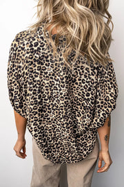 Taupe with Leopard Contrast Trim V Neck Dolman Blouse