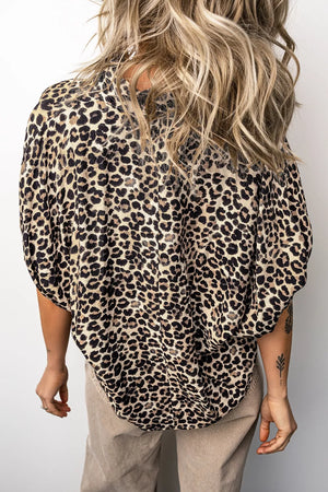 Taupe with Leopard Contrast Trim V Neck Dolman Blouse