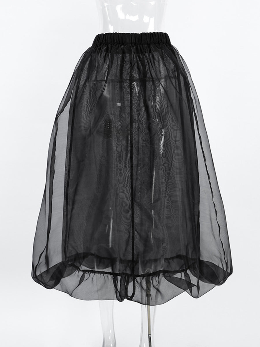 Black midi skirt with sheer overlay and ruffled hem