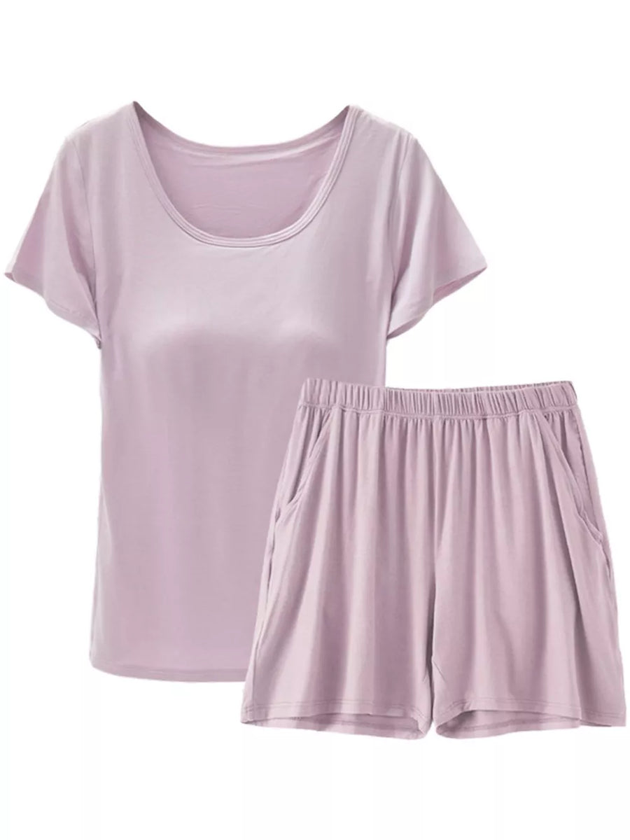 Bean Paste Powder two-piece pajama set with scoop neck tee and elastic waist shorts with pockets.