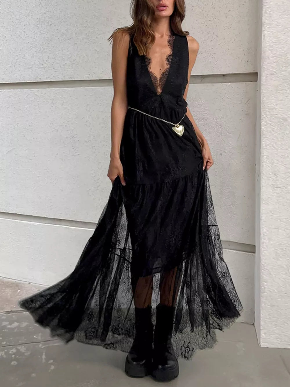 black maxi dress with floral and deep v-neck