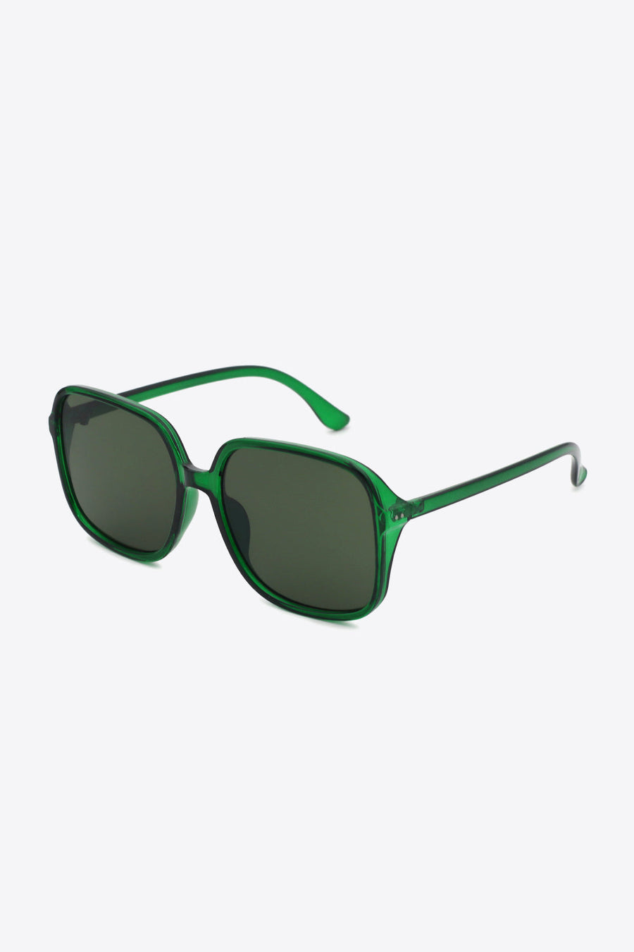 Green square frame sunglasses with dark lenses and bold retro style.