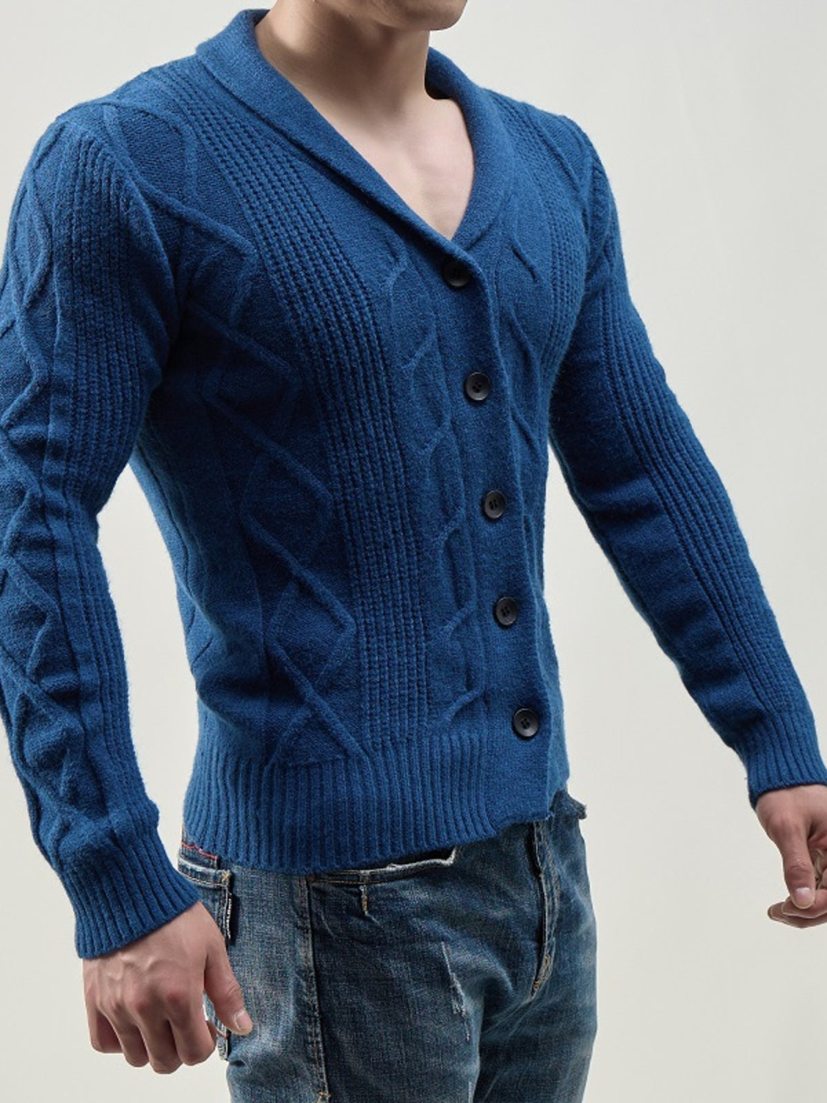 royal blue cardigan with cable knit and shawl lapel