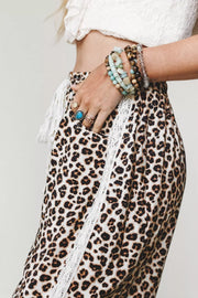Black with Leopard Print Ankle-length Elastic Waist Pants in Black