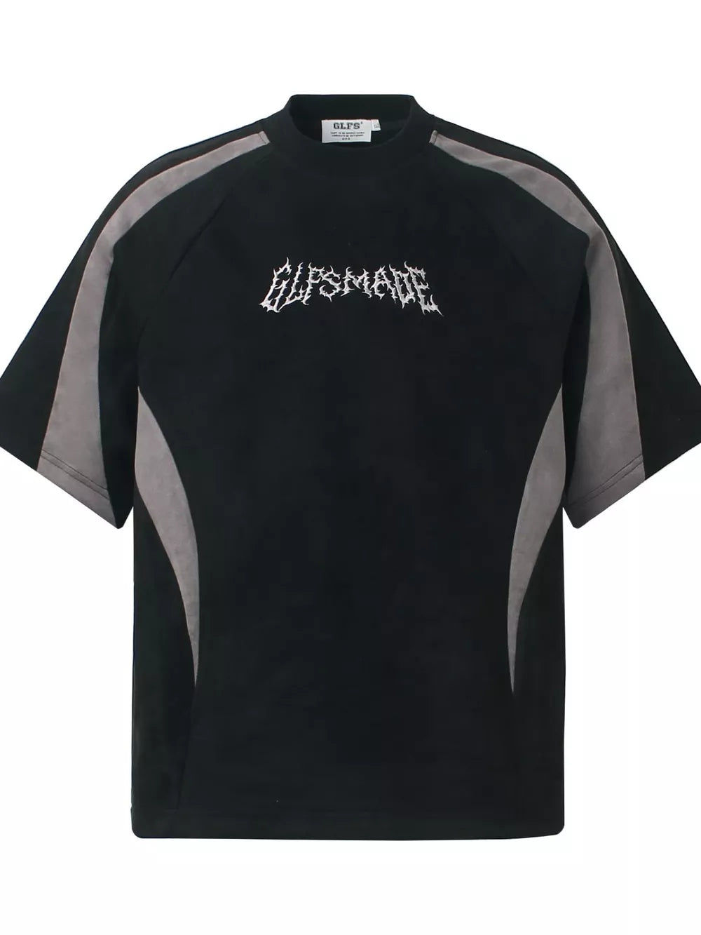 Black athletic t-shirt for men with embroidered graphic and grey panel details.