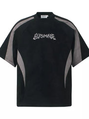Black athletic t-shirt for men with embroidered graphic and grey panel details.