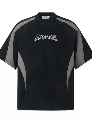 Black athletic t-shirt for men with embroidered graphic and grey panel details.