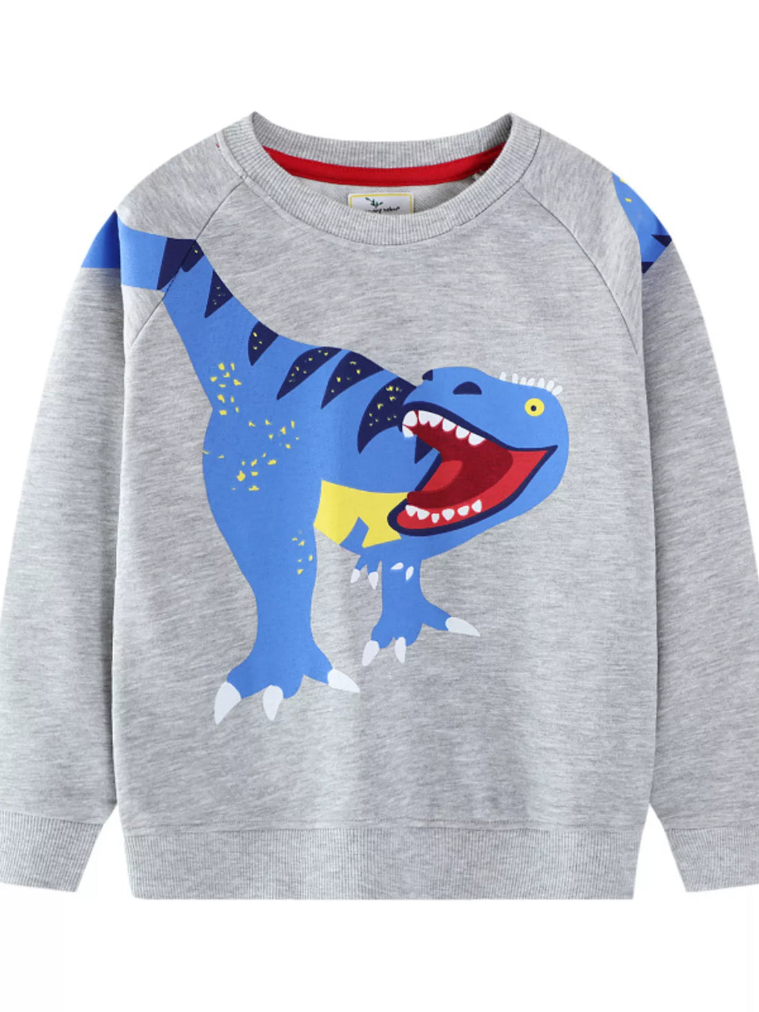 Light gray crew neck sweatshirt with a blue dinosaur graphic and red neckline trim.