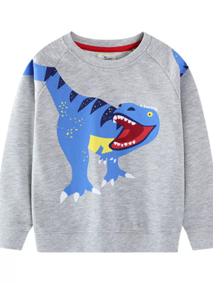 Light gray crew neck sweatshirt with a blue dinosaur graphic and red neckline trim.
