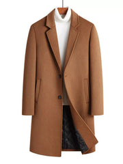 Men's plus-size classic overcoat in caramel with button-up front and tailored fit.