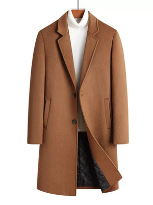 Men's plus-size classic overcoat in caramel with button-up front and tailored fit.