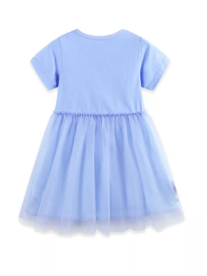 Baby blue tulle dress with short sleeves and horse embroidery detail.