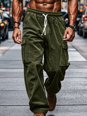 cargo pants in olive green featuring drawstring waist and loose fit