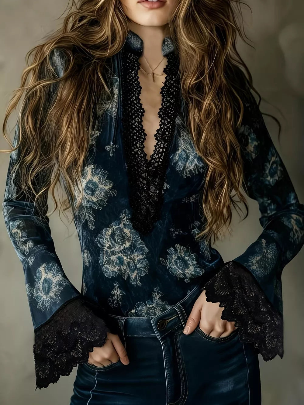 dark teal blouse with floral and deep v-neck
