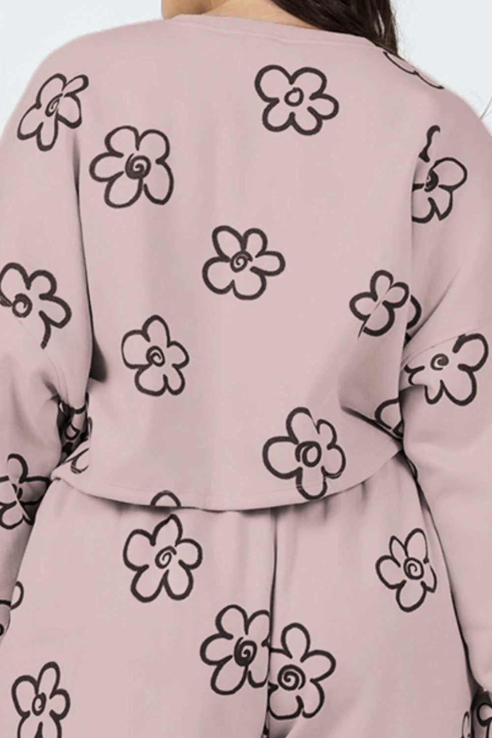 Dusty Pink cropped lounge set with black drawn floral print