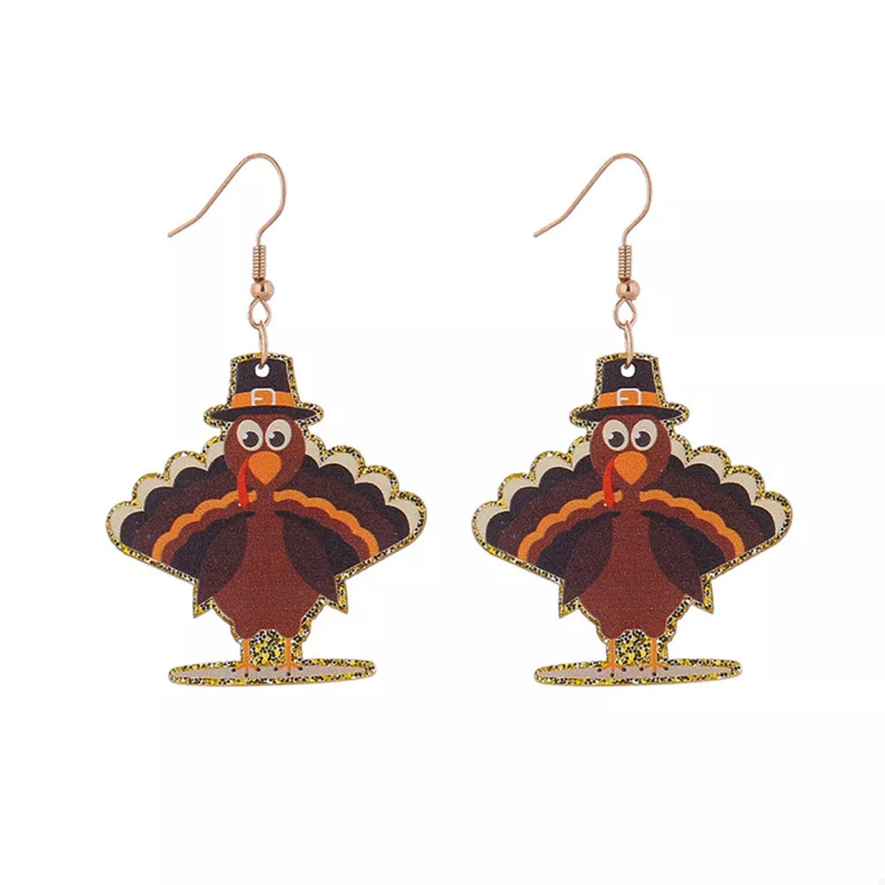 Festive turkey dangle earrings in acrylic with 18k gold hooks.