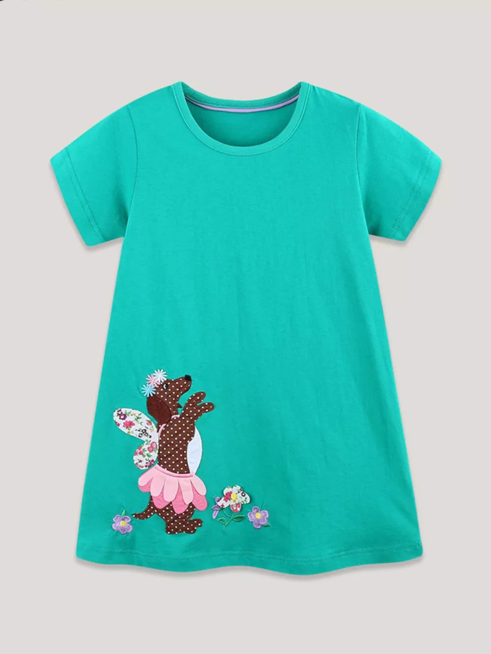 Teal cotton toddler dress with embroidered fairy dog design and floral accents.