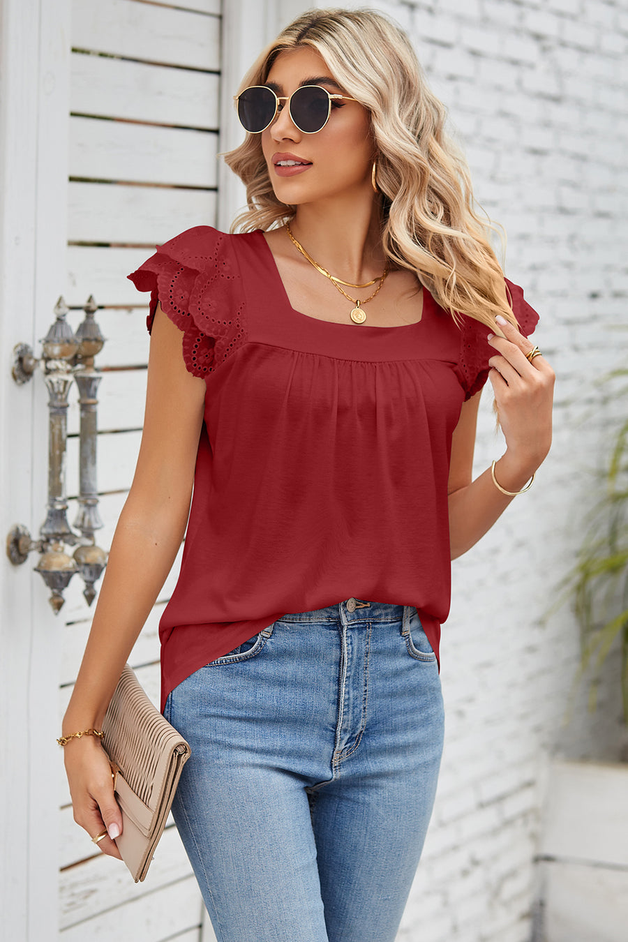 Rust eyelet flutter sleeve square neck blouse with gathered detail