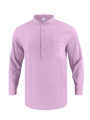 Pink cotton band collar button-down shirt with chest pocket