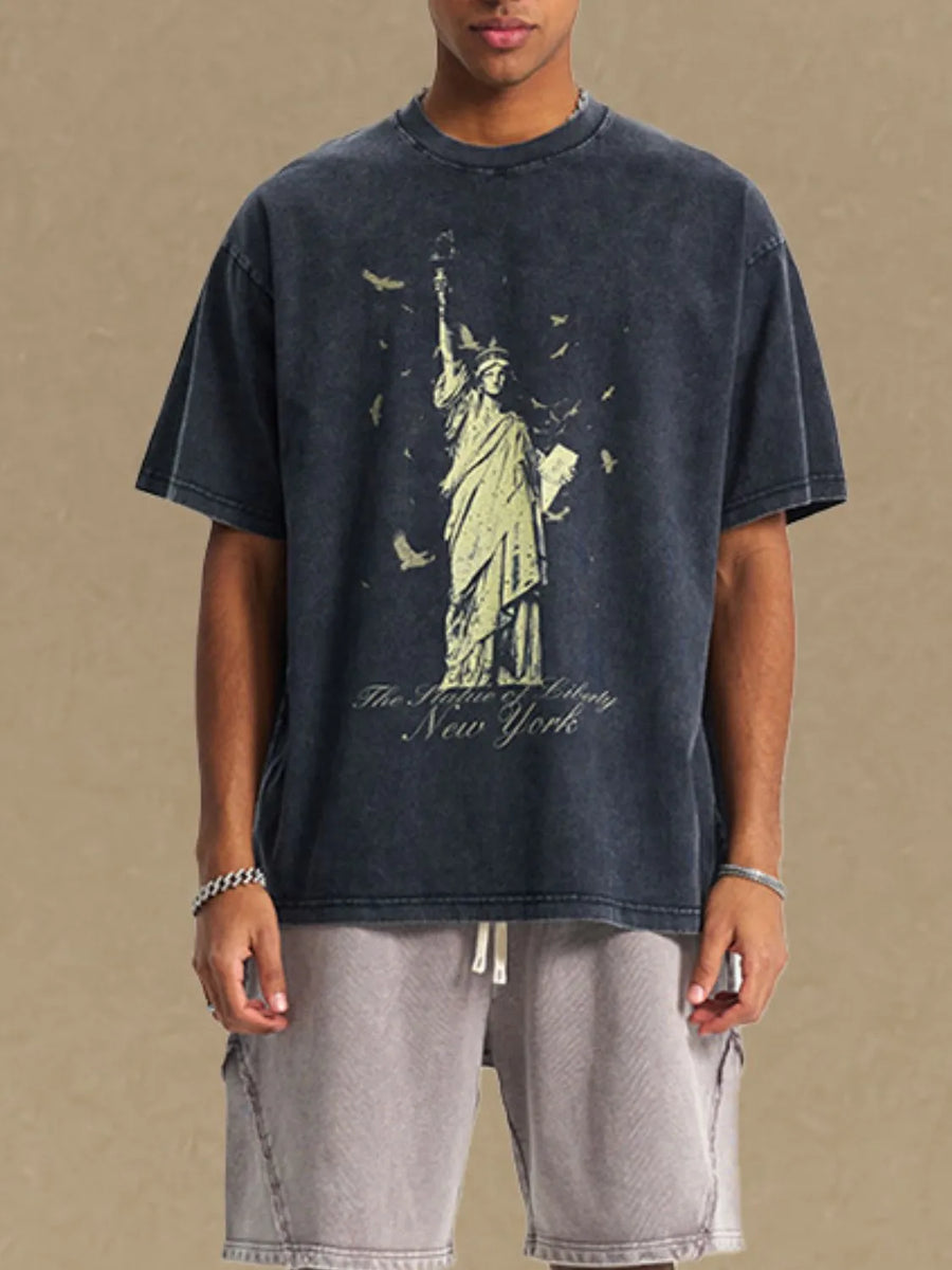 Black vintage wash t-shirt with Statue of Liberty graphic and New York text.