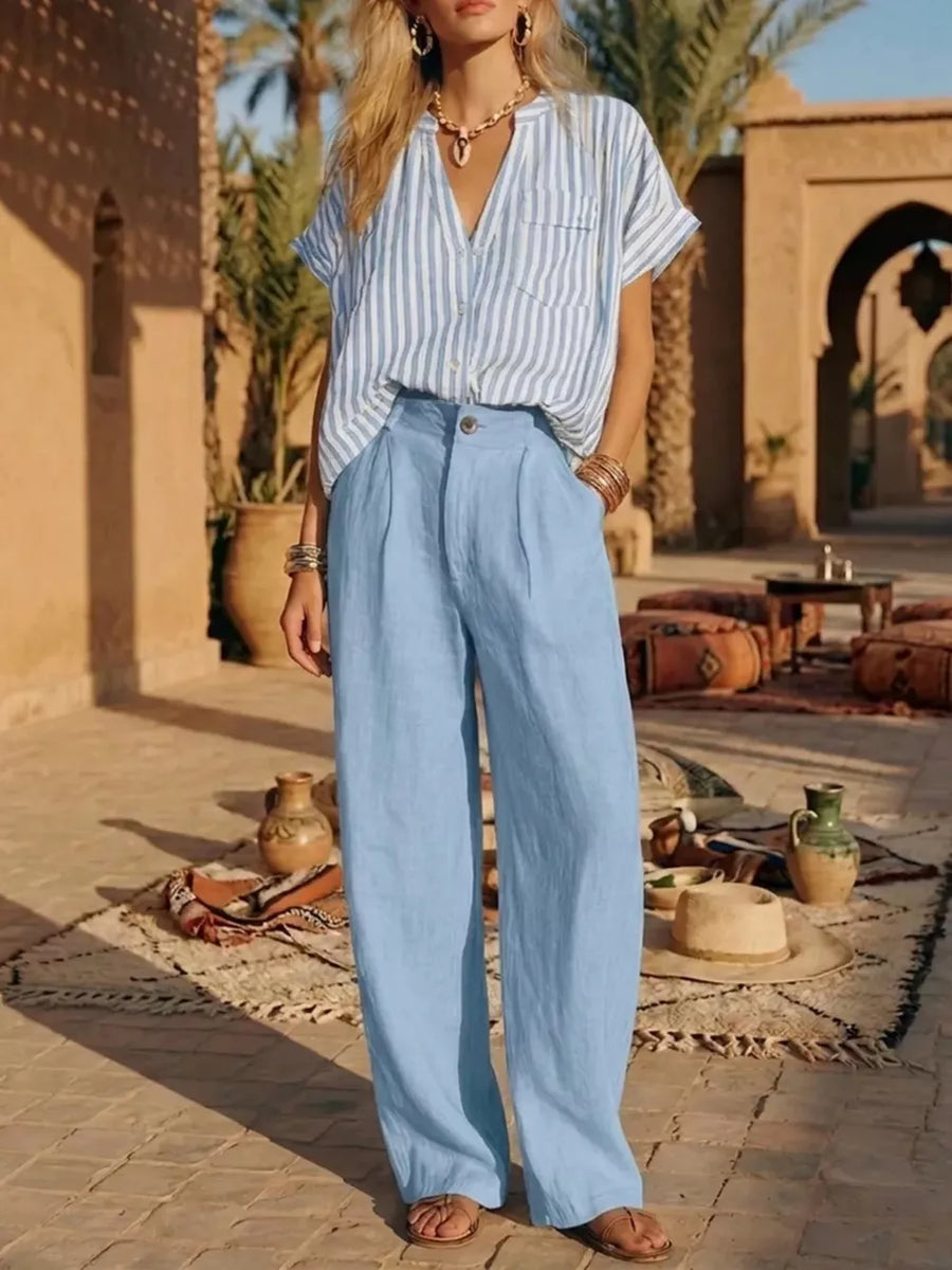 Full Size Striped Button Up Shirt And Pants Set Plus Size in Sky Blue