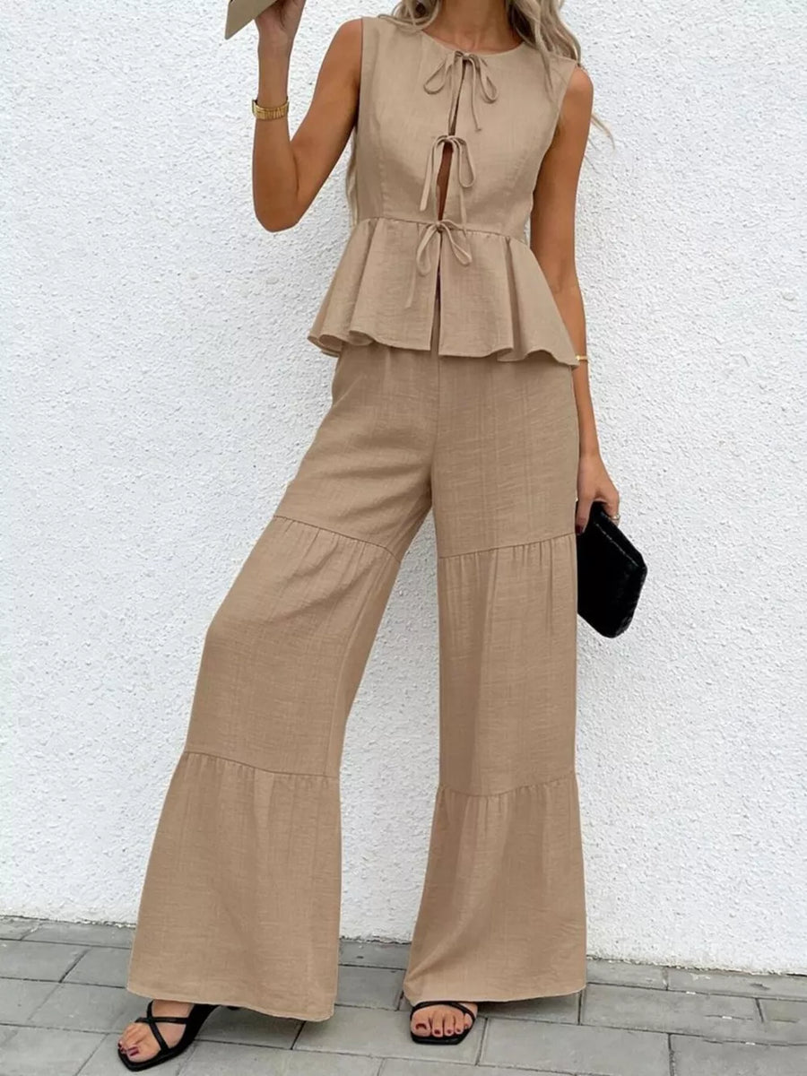 Camel tie-front ruffled peplum top with tiered wide-leg pants set